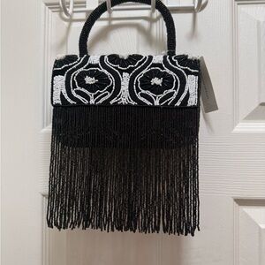 Anthropologie Fiona Elegant Black and White Beaded Fringe Handbag